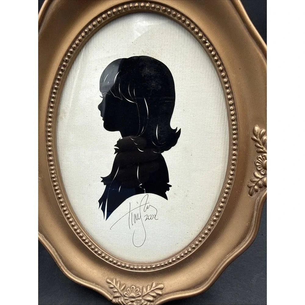 Vintage Silhouette Portrait Framed Art Pair Black White Girl Cameo Wall Decor